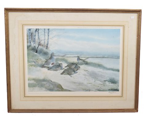 Philip Rickman (British, 20th century), Partridges in a winter landscape, limited edition print, signed and inscribed, 51 x 3