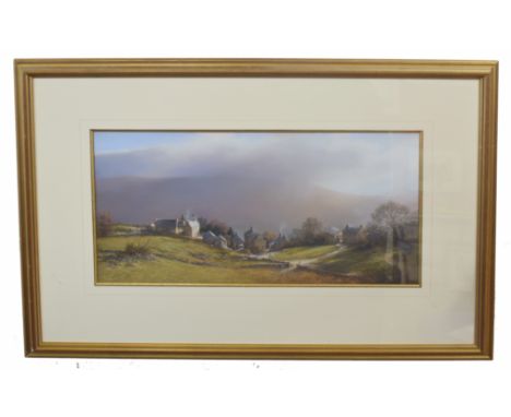 Christine Slade (Born 1943), sun clearing autumn mist Peak District, pastel, signed lower left.