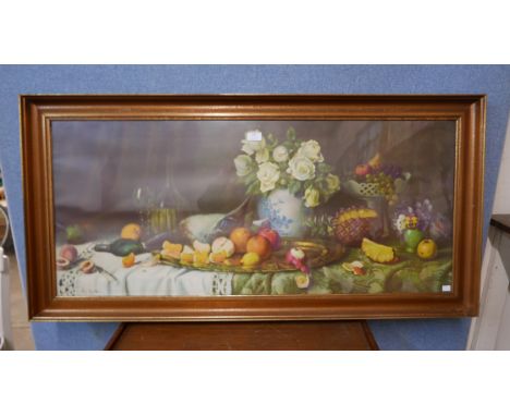 A still life print and a Victorian copper and brass kettle 