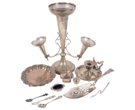 A silver plated table epergne, a chamber stick, a salver, etc