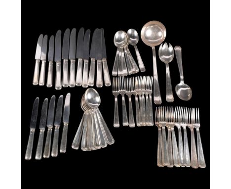 A set of French Art Deco silver plated cutlery, comprising 6 x 8-piece place settings, a pair of salad servers, and a ladle w