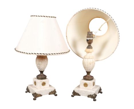 A pair of carved and turned alabaster Vintage table lamps, on 2-tiered plinths, with gilt-metal mounts, tallest 52cm