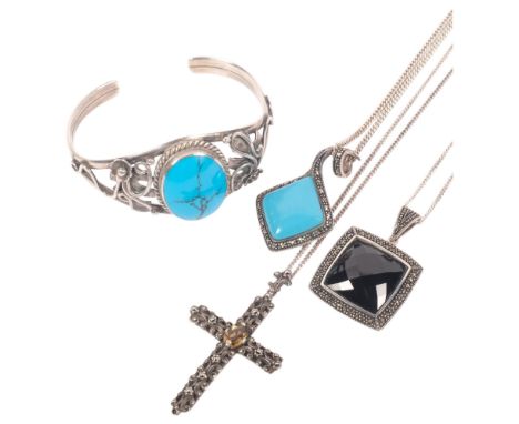 A silver and turquoise set torque bangle, a silver marcasite and turquoise set pendant necklace, etc