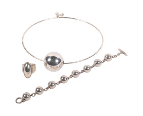 A Danish silver torque necklace, a silver ball mounted bracelet, and a Mexican sterling silver ring (3)