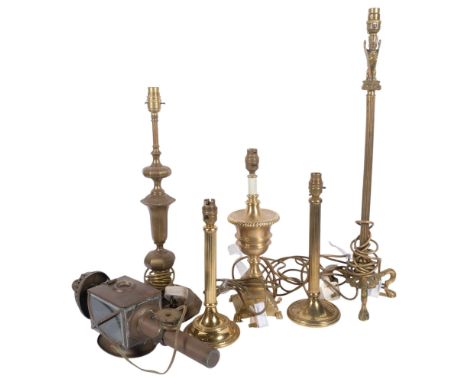 A Classical design brass table lamp on tripod base, 68cm, 4 other brass table lamps, and a porch lantern