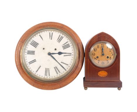 A lancet-top inlaid 2-train mantel clock, and an oak-cased Ansonia American wall clock, 40cm overall
