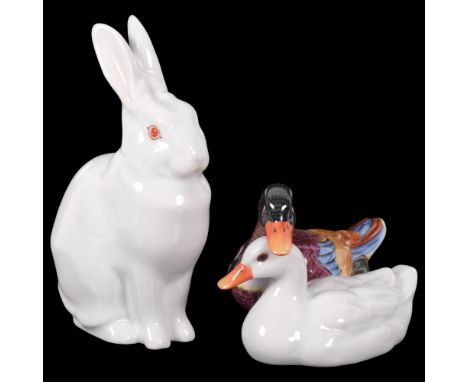 Herend, a white glazed ceramic rabbit, H13.5cm, and a duck group (2)