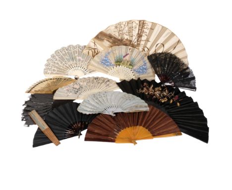 A collection of 12 Antique and Vintage fans, various designs, the largest having carved black wood sticks and painted fabric 