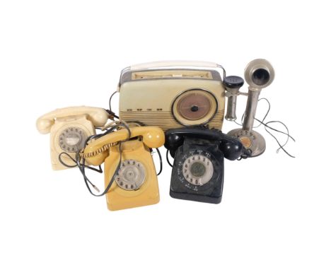 A Bush radio, candlestick telephone, and 3 Vintage dial telephones