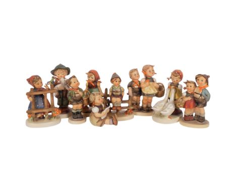 A group of 9 Goebels Hummel children figures, including the goose girl, H10cm