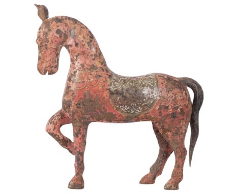 Vintage Eastern painted metal sculpture of a horse, H50cm