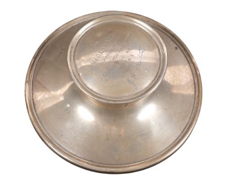 A George VI silver Capstan inkwell with liner, the lid inscribed to Mr G Lyward in appreciation for all you have done for my 