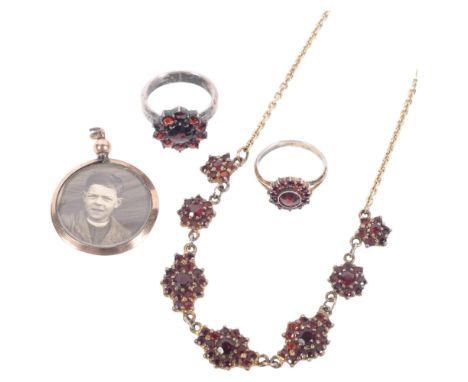 A group of Danish sterling silver garnet jewellery, comprising flowerhead cluster collar necklace, 44cm, and 2 rings, sizes K