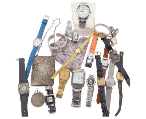 A collection of mixed wristwatches (quartz), a silver plated combination cigarette double sovereign case, etc