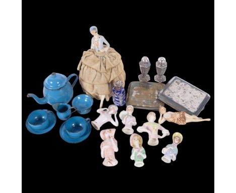 A collection of ceramic half dolls, a Vintage child's enamel tea set, 2 cigarette cases, a silver-topped scent bottle, etc