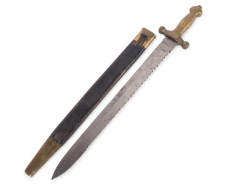 A 19th century Swiss Pioneer Gladius, having a double steel saw teeth blade, brass pommel and handle, with leather and brass-