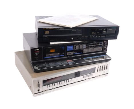 A Technics stereo receiver SA-515L, an Aiwa stereo cassette deck F350, and a Marantz compact disc player CD-65 (3)