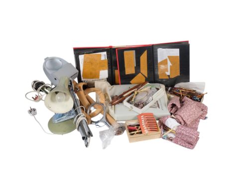 A large quantity of lace bobbins, and various other modern textile tools, accessories, etc, together with an anglepoise style