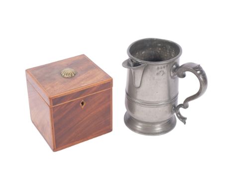An Edwardian tea caddy and a Victorian pewter quart side-pouring jug
