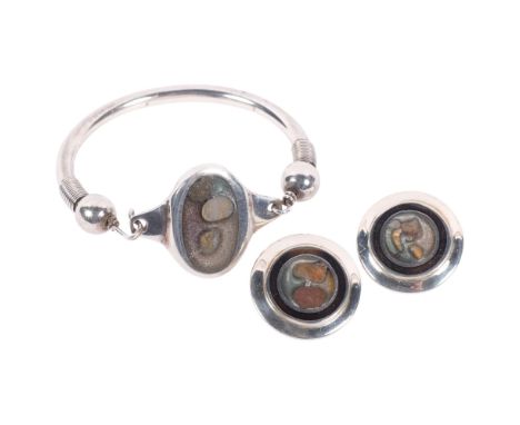 A Scandinavian sterling silver mineral sample and glass bangle and clip-on earring set, bangle setting height 32mm, internal 