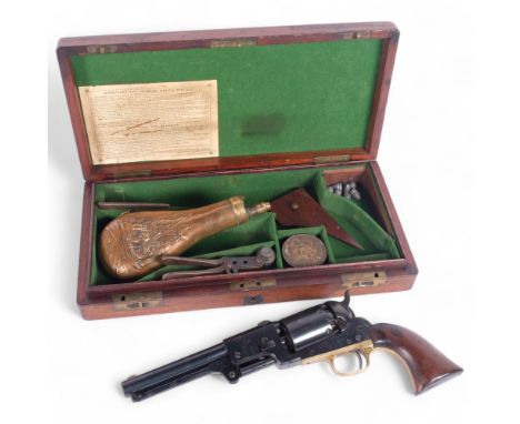A replica 1848 Colt DRAGOON, 3rd Model, .44cal.&nbsp; , a 19th century brass and copper powder flask, and a 19th century maho