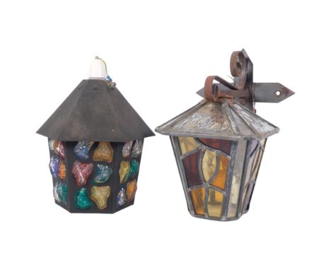 A leadlight stained glass porch lantern, with steel wall-mounted bracket, H29.5cm overall, and a multi-coloured metal and gla