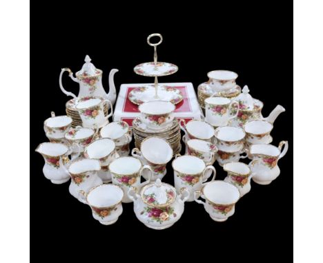 Extensive Royal Albert Old Country Roses tea service, matching mugs, and 2 cake stands