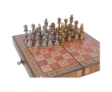A Vintage games board, a Middle Eastern style mosaic wooden inlaid marquetry board, with mother-of-pearl decoration, and a se