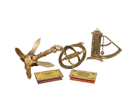 2 reproduction brass scientific instruments, and a brass anchor, H20cm