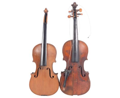 2 similar Antique violins, 1 with label "Special copy of Antonius Stradivarius" (2)Both in A/F condition