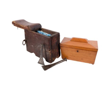A handmade box with iron ring handles, containing shipwright's tools, and a sarcophygus tea caddy with fitted interior, lacki