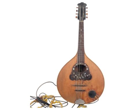 A Vintage 1960s electro acoustic mandolin, possibly German, with decorative inlaid mother-of-pearl decoration, no identifiabl