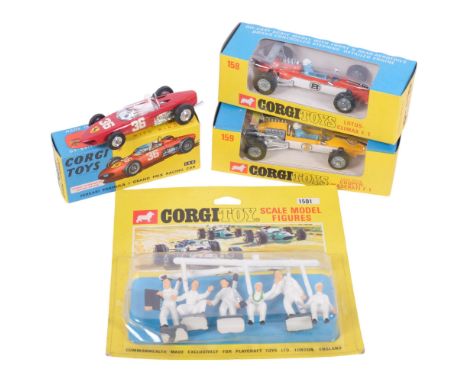 3 boxed Corgi racing cars, and model figures