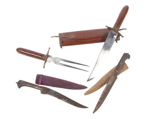 An Indian teak cased carving set (knife and fork), and a pair of Middle Eastern knives, with brass inlaid handles and scabbar