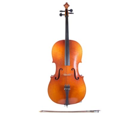 A half-sized cello, no identifiable labels or serial numbers, back length 65.5cm, with associated bow