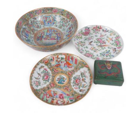 A Chinese Canton bowl with enamelled decoration, diameter 24cm, a Chinese famille rose plate with blossom decoration, a Canto