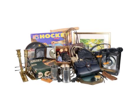 A boxed Meccano Army multi-kit, a Sureshot Hockey game, a selection of Vintage handbags, brass-handled wall sconces, Art Deco
