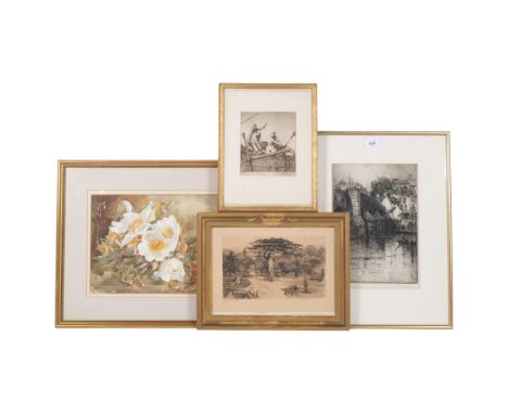 Gilt-framed watercolour, floral study, etching, figures by a town bridge, engraving, Chelsea Physic Garden, gilt-frame, 29cm 