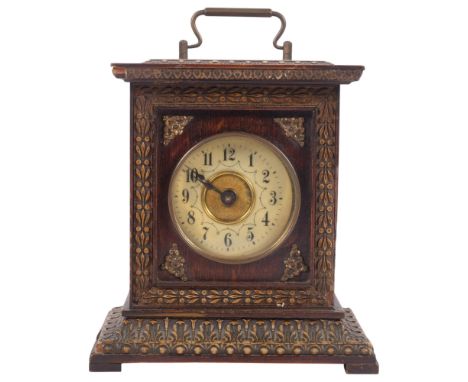 A Vintage mantel clock with key in acanthus carved case, H17cm