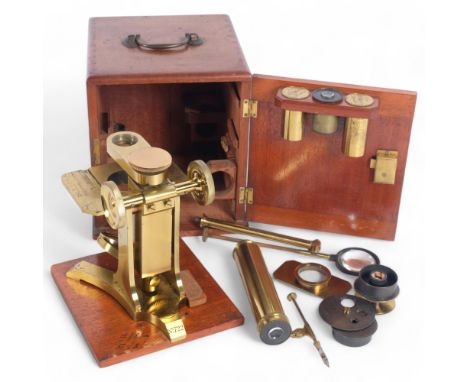 M Pillischter, London, a Victorian brass monocular microscope, no. 722, in fitted case with additional lenses