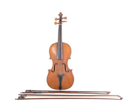 A Vintage violin, unlabelled, back length 14", with 3 associated bows of varying condition