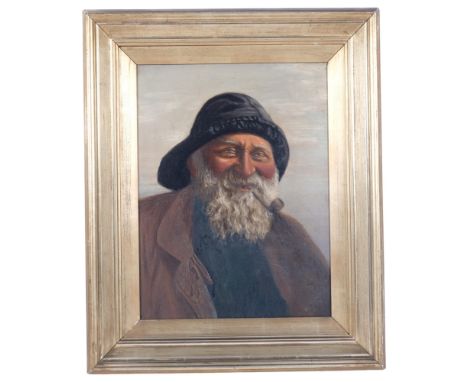 An oil on canvas, portrait of an elderly gentleman smoking a pipe, in giltwood overpainted frame, unsigned, overall 60cm x 49