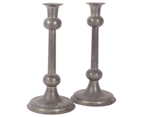 A pair of Vintage pewter candlesticks, with touch marks and stamped London to base, 23.5cm