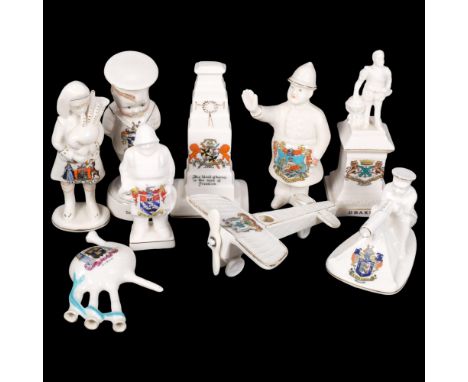 A group of Crested Ware items, including military interest, tallest Ship Ahoy, H14.5cm, an Arcadia model of Tommy and His Mac