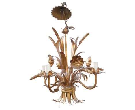 A 4-branch gilt gold Toll Ware wheatsheaf style pendant light fitting, drop approx 60cm
