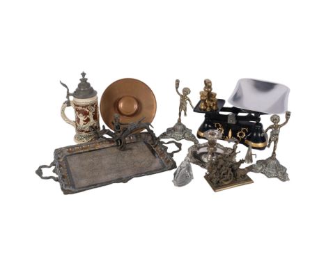 Kitchen scale, tea tray, figures, candlestick, etc