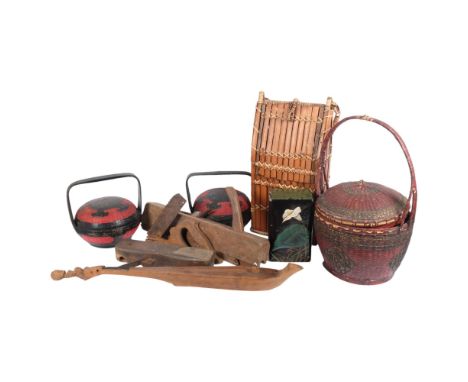 A group of various Oriental baskets, carriers, tools, and an Indonesian lute