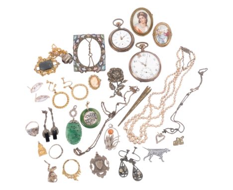 A group of various jewellery, including a gilt-metal and enamel Limoges brooch, micro-mosaic frame, pocket watch, earrings, m