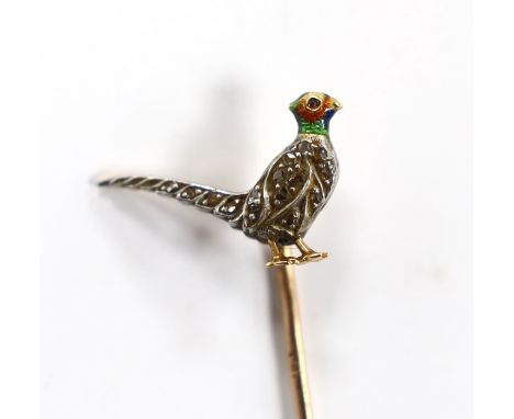 An Edwardian yellow metal, enamel and rose cut diamond set pheasant stick pin, 68mm, gross weight 2.1 grams.