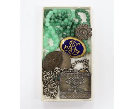 Sundry jewellery etc. including two simulated jade necklaces, a late Victorian silver brooch, a silver compass fob on a silve
